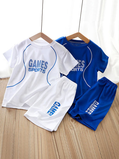 LJMOFA Boy Football Sportwear Breathable Cool 1-9T Kids 2pcs Short Sleeve Shorts Set Summer Casual Absorb Sweat Sport Wear D157