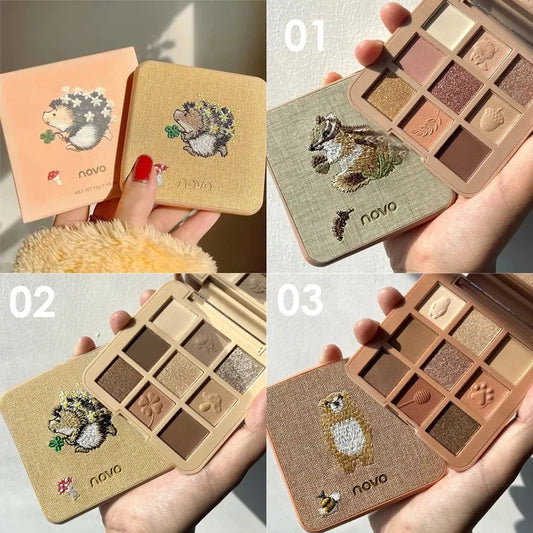 9 Colors Eyeshadow Palette Animal Embroidery Eyeshadow Palette Glitter Highlighter Face Contour Blush Palette Matte Eye Pigments