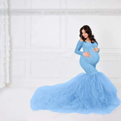 Women Long Sleeve Off Shoulder Lace Maternity Dress for Photography Baby Shower with Mermaid Tulle Gown Photoshoot Baby Shower