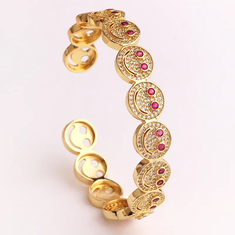 2023 New Simple Smile Smiley Bracelet Copper Gold Plated Cubic Zirconia Round Smile Cuff Bracelet Women's Classic Party Gift