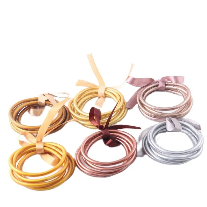 Light Gold Color Buddhist Rush Bracelets Tibetan Buddha Temple Bangles Lucky Symbol Silicone Bracelet for Women Girls 5pcs/lot