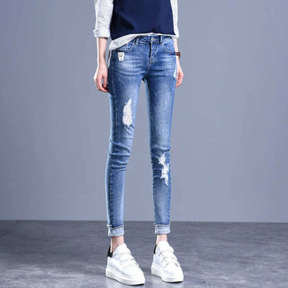 Streetwear Skinny Ripped Hole Jeans For Women 2022 High Waist Vintage Blue Pencil Denim Pants Korean Capris Slim Cowboy Trousers