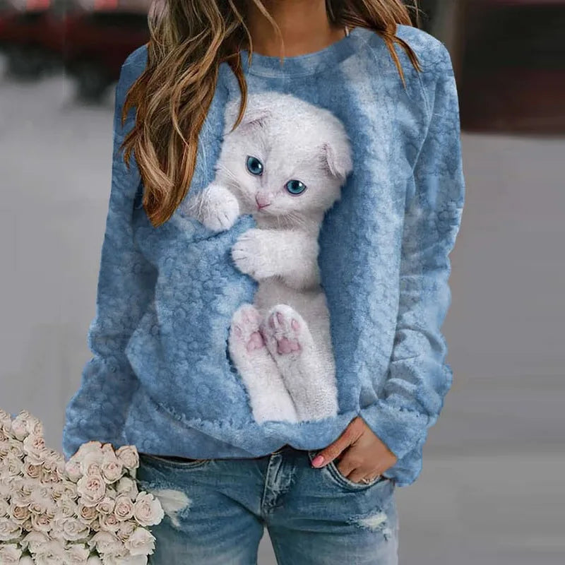 Women's Sweatshirt Pullover Basic White Cat 3D Print Street Round Neck Long Sleeve Fashion Hoodie