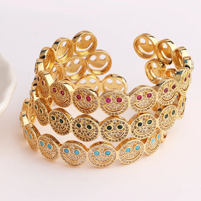 2023 New Simple Smile Smiley Bracelet Copper Gold Plated Cubic Zirconia Round Smile Cuff Bracelet Women's Classic Party Gift