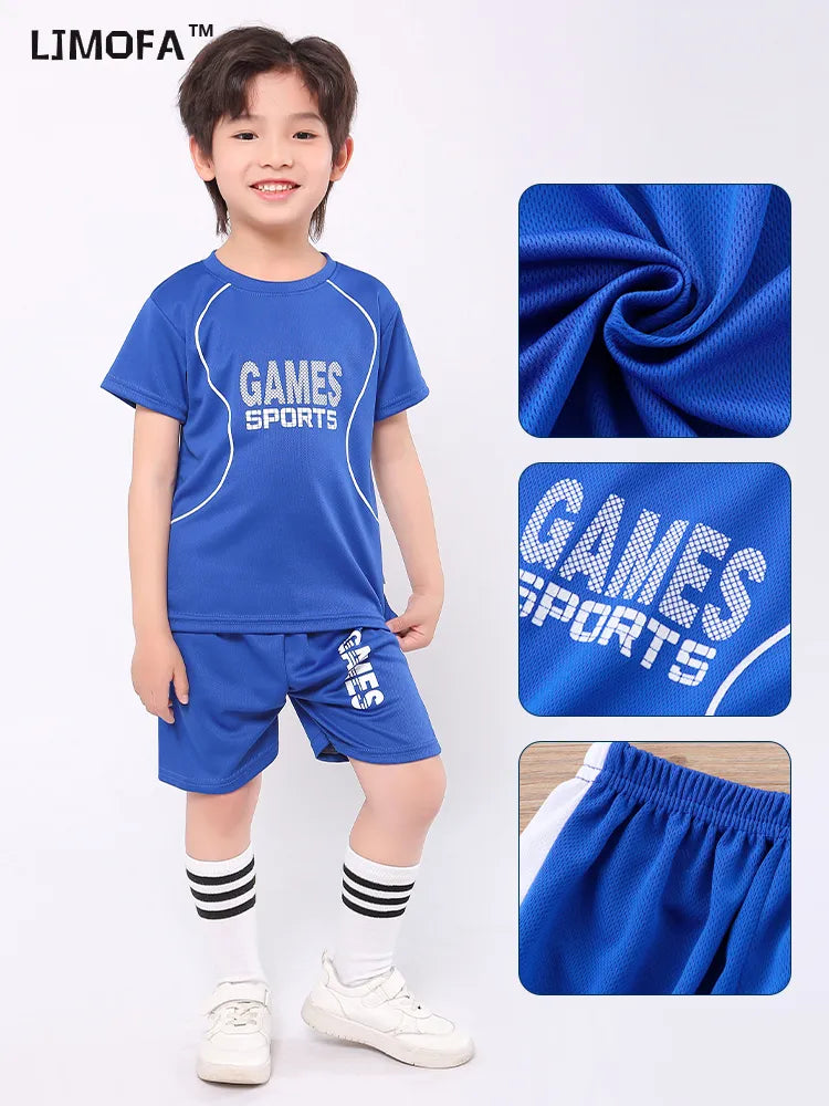 LJMOFA Boy Football Sportwear Breathable Cool 1-9T Kids 2pcs Short Sleeve Shorts Set Summer Casual Absorb Sweat Sport Wear D157