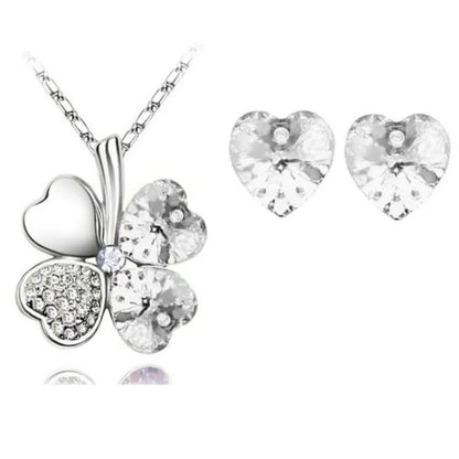 Crystal Clover 4 Leaf heart Pendant Necklace Earrings fashion jewelry set office charm lover floating quality birthday gift girl