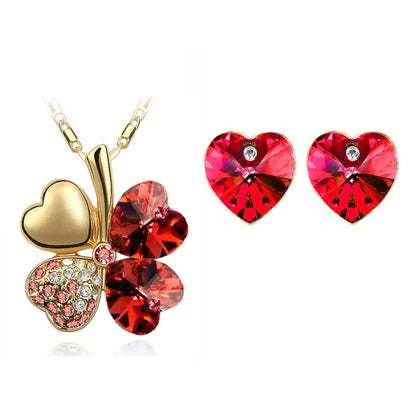 Crystal Clover 4 Leaf heart Pendant Necklace Earrings fashion jewelry set office charm lover floating quality birthday gift girl